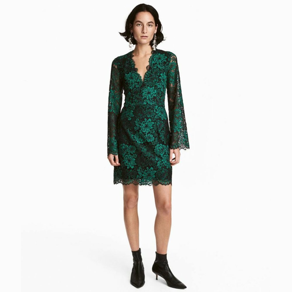 H&M Emerald Green & Black Lace V Neck Dress Sz 12